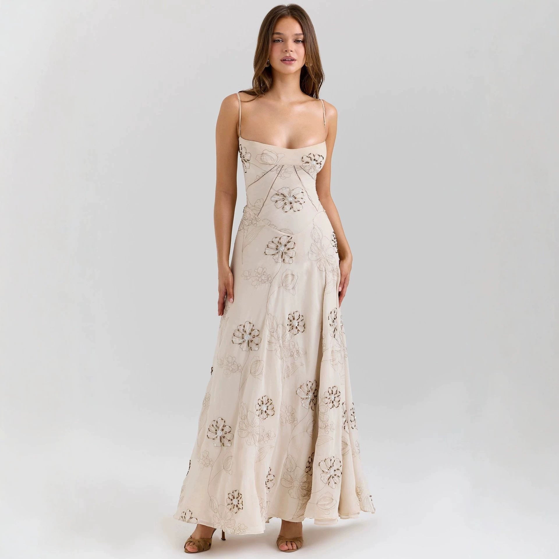 Flowering Girl Women Vintage embroidered hollow slip maxi dress - white