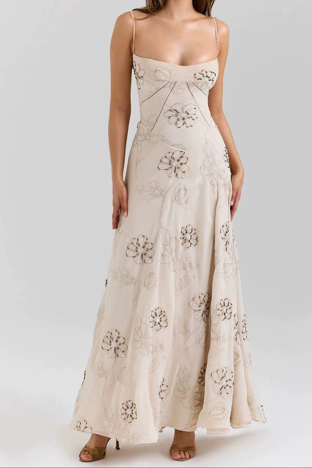 Beige Floral Beaded Spaghetti Strap Maxi Dress