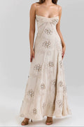Beige Floral Beaded Spaghetti Strap Maxi Dress