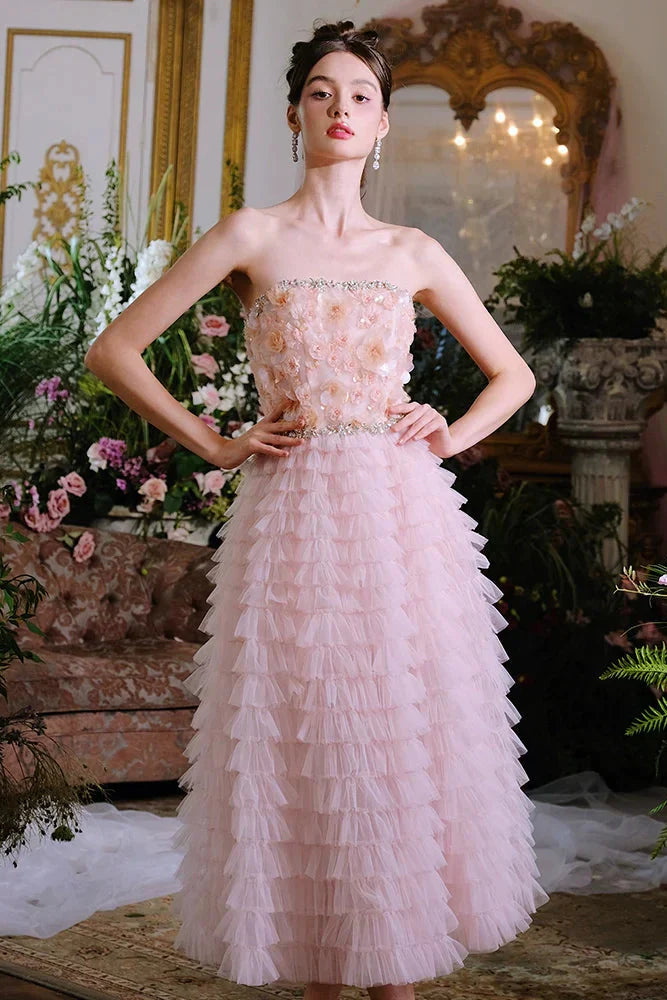 Pink Princess layer ruffle midi floral Embroidery strapless Dress