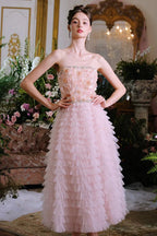 Pink Princess layer ruffle midi floral Embroidery strapless Dress
