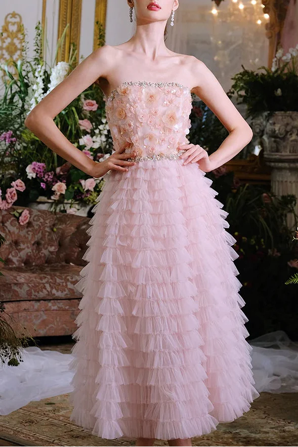 Pink Princess Layer Ruffle Midi Floral Embroidery Strapless Dress