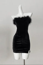 Samantha Feather Velvet Strapless Mini Dress In Black
