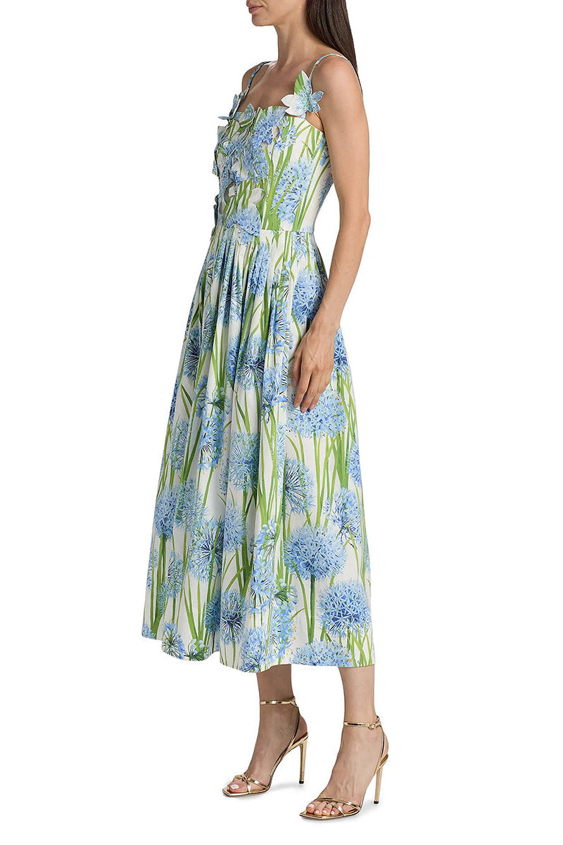 Flowering Girl Women Jolie Multicolor Floral Bow Embroidered Poplin Midi Dress