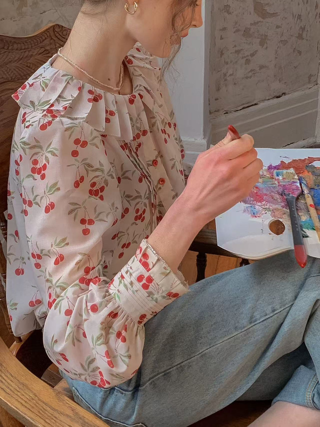 Silk Pressed Crepe Collar Lantern Sleeve Shirt Top
