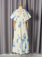 Flowering Girl Women susie Print Smocking Puff Sleeve Midi Dress - blue