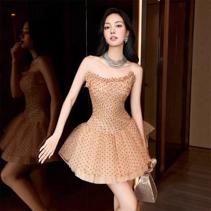 venus Strapless polka dot mesh tulle mini dress - brown