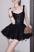 vera sequin embellishment lace puffy mini dress in black