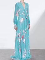 French niche floral dress slimming 2024 elegant female gentle temperament blue skirt waist long skirt ankle-length