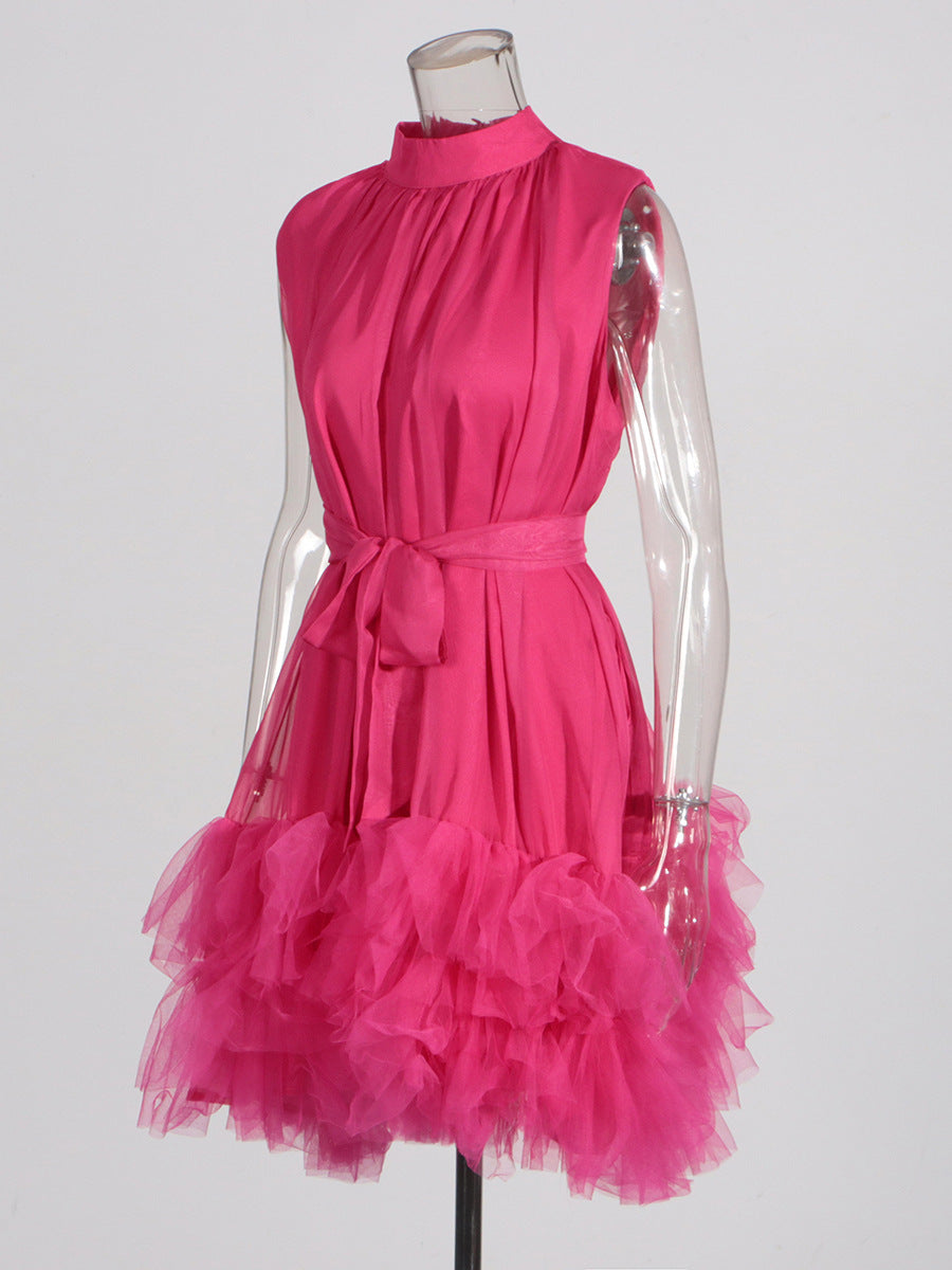 Flowering Girl Women half-high-neckline tulle mini dress in pink