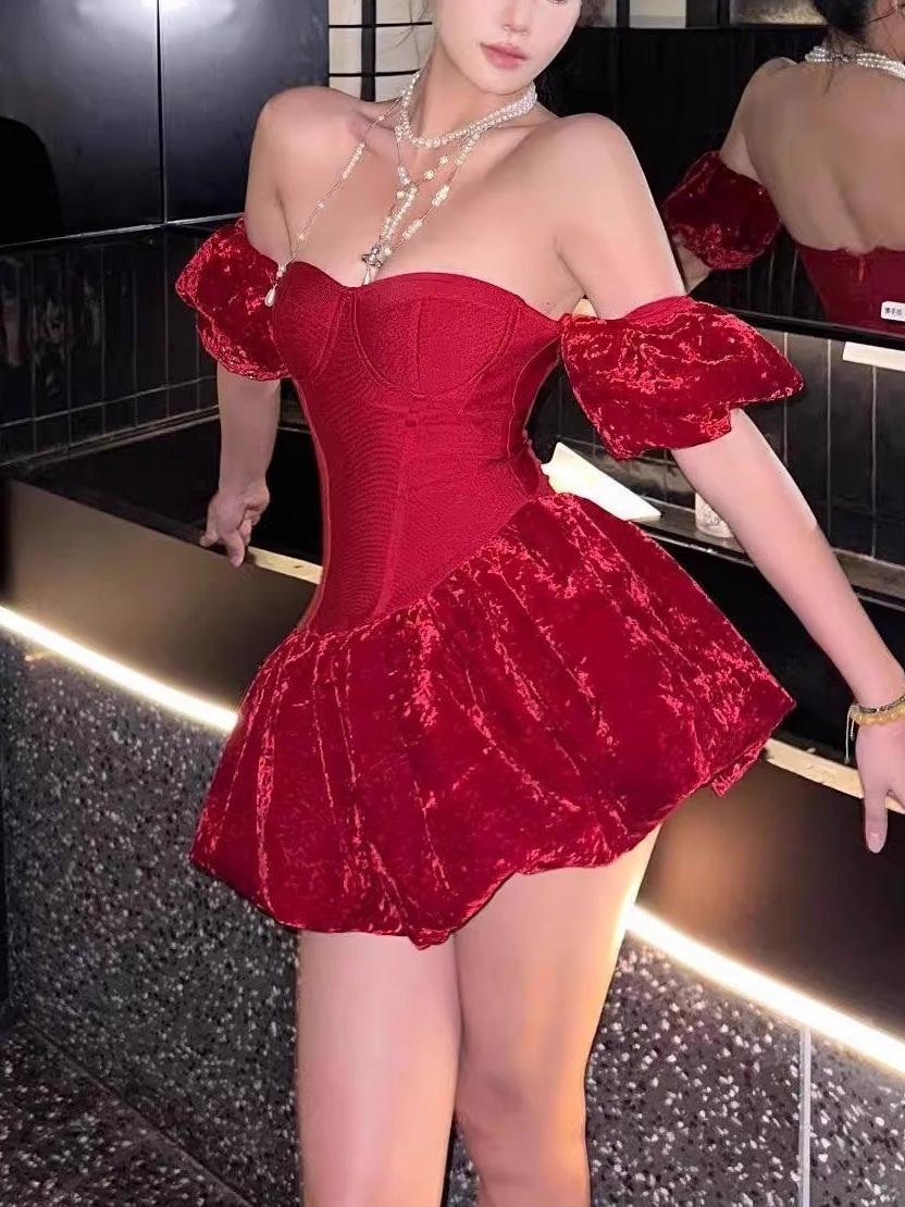 Eunice Red Sheath Bubble Sleeve Strapless Mini Dress