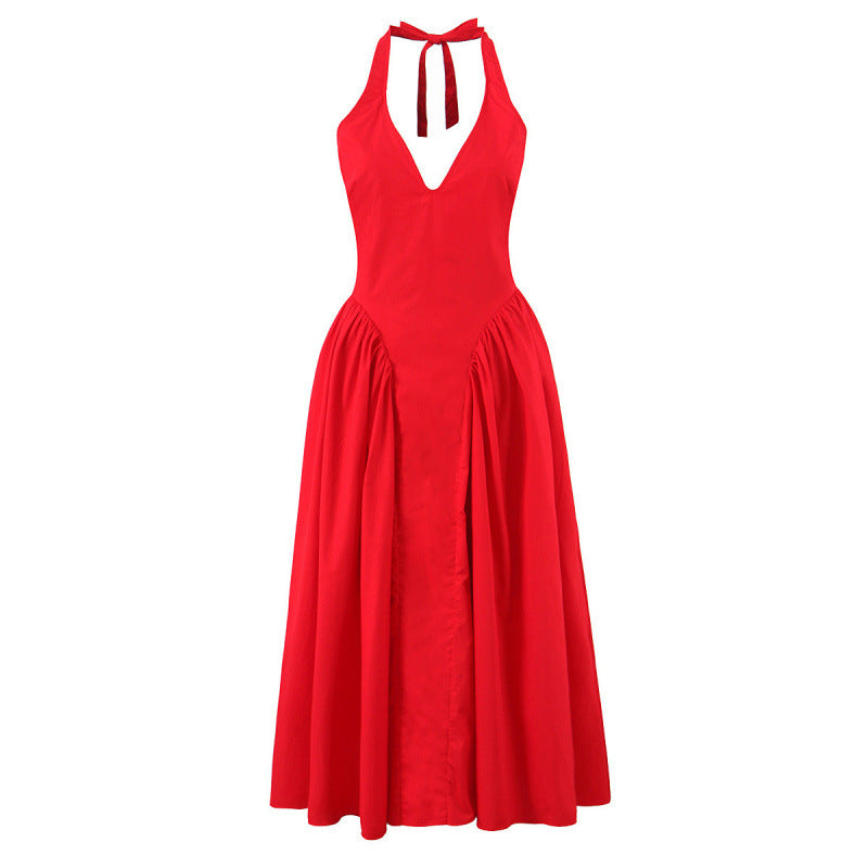 Flowering Girl Women Halter Deep V Flared Maxi Dress