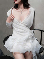 Flowering Girl Women flower ruffle ribbon mini dress in white