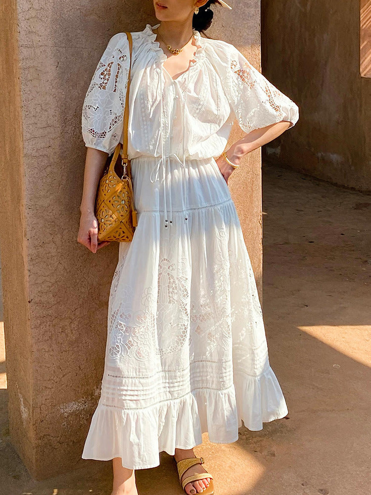 White Eyelet Lace Tiered Maxi Dress With Puff Sleeves