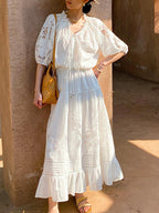 White Eyelet Lace Tiered Maxi Dress With Puff Sleeves
