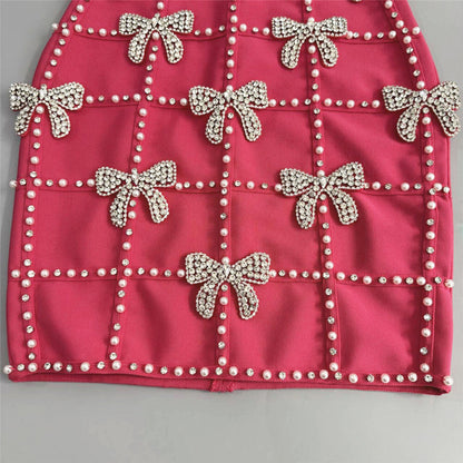 virginia Bowknot Crystal Grid Bandage Mini Dress in rose red