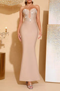 Belen Beaded Fishtail Strapless Bandage Maxi Dress In Apricot