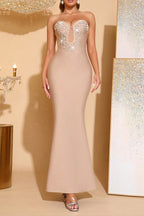 Belen Beaded Fishtail Strapless Bandage Maxi Dress In Apricot