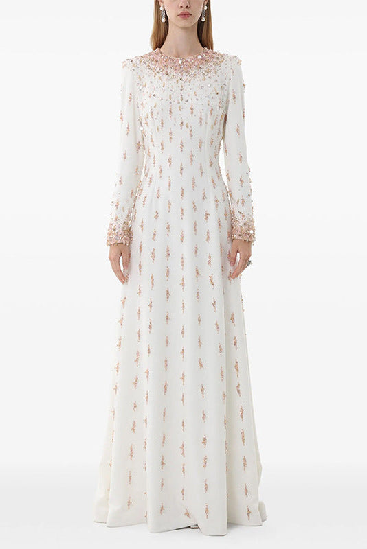 white long sleeve beaded diamond maxi dress