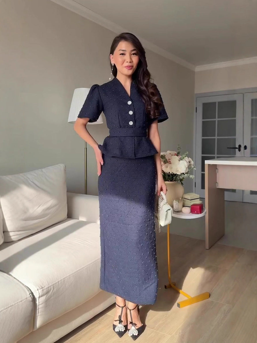 Flowering Girl Women navy blue short-sleeved long skirt suit dress