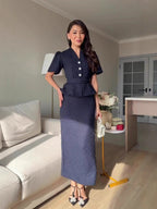 Flowering Girl Women navy blue short-sleeved long skirt suit dress