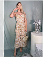 jessie camel Lace hollow Sleeveless Floral embroidered maxi Dress