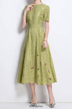 Flowering Girl Women dana hollow embroidery lace midi dress in green