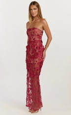 Strapless 3D Floral Mesh Maxi Dress