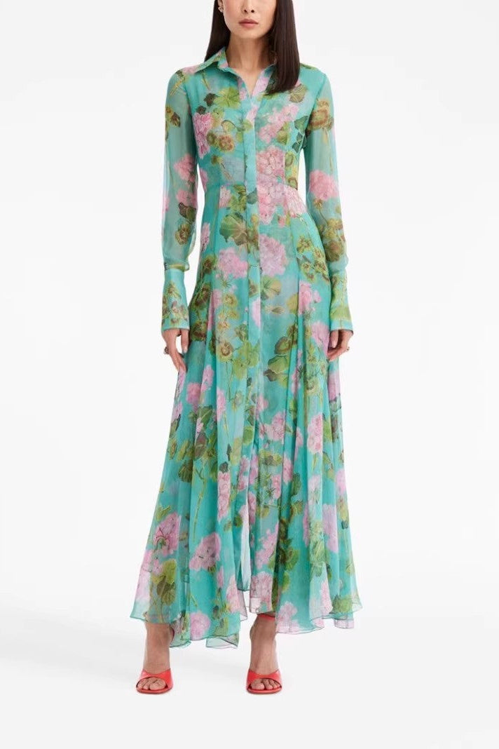 Green Printed Single Breasted Dress