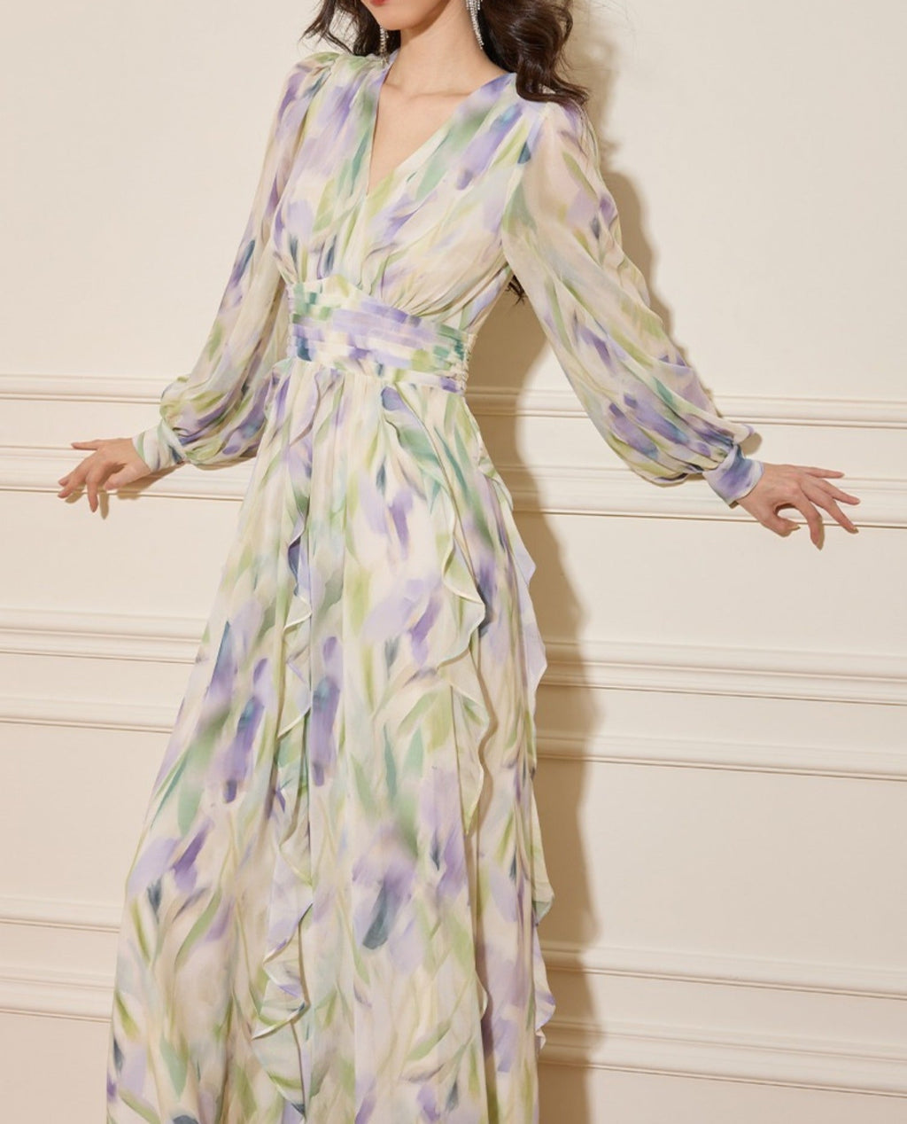 Flowering Girl Women Rachel Multicolor v-Neck Floral Print Lantern Sleeve Maxi Dress
