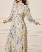 Flowering Girl Women Rachel Multicolor v-Neck Floral Print Lantern Sleeve Maxi Dress