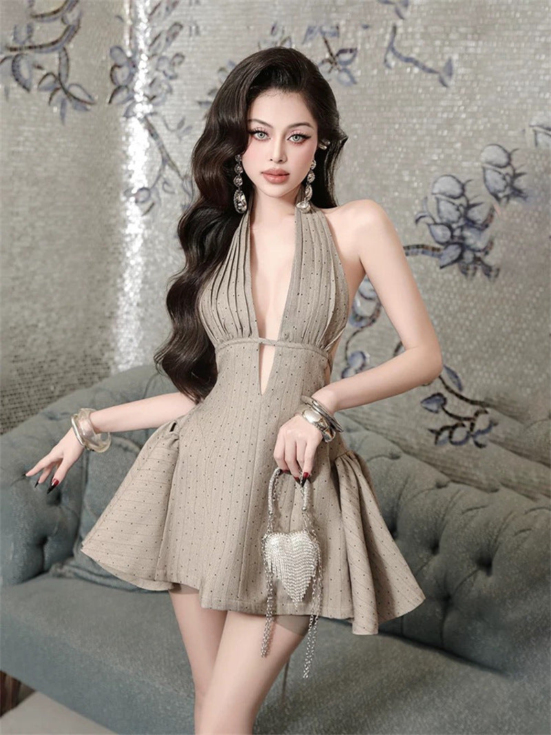 Flowering Girl Women V-Neck Open Back Polka Puffy Mini Dress In Gray