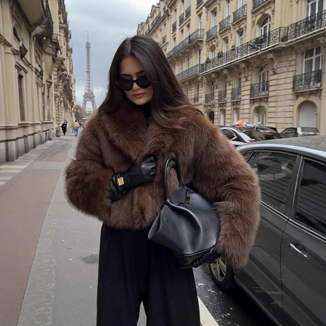 Flowering Girl Women imitation fox fur cropped fur coats with artificial large fur collars