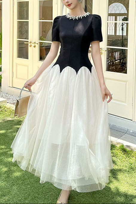 Leona Black-White Two-Tone Rhinestone Neck Tulle Maxi Dress