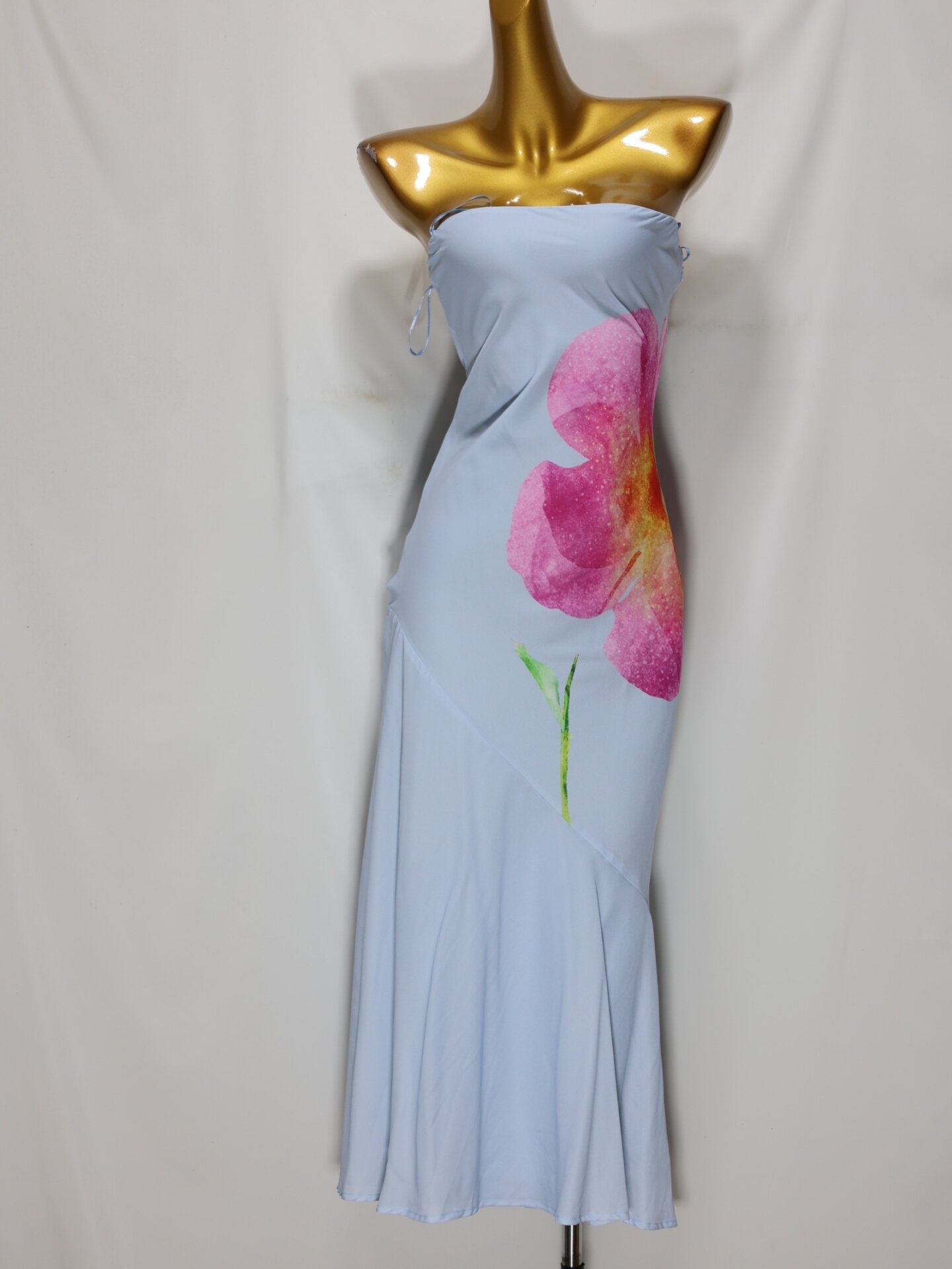 Light Blue Floral Print Strapless Midi Dress