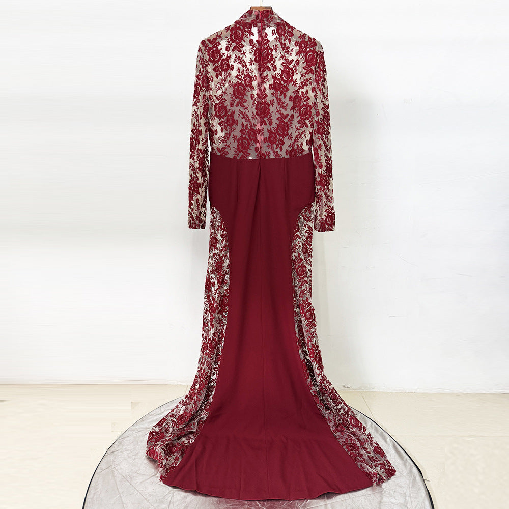 trista Mesh embroidery patchwork maxi dress - red