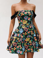 simona Colorful print A Line Strap Satin mini Dress