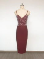 Gustave Beaded Bandage Midi Dress In Wine