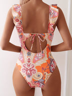 v-neck floral print ruffle bikini