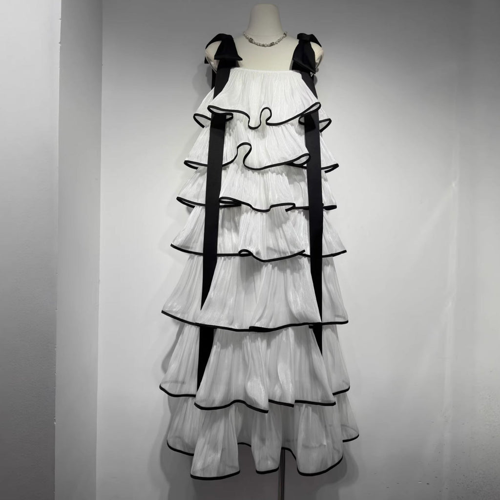 mandy White layer Ruffled Maxi Dress with Bows