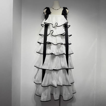 mandy White layer Ruffled Maxi Dress with Bows