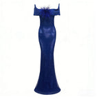 riva feather embellished hollowed sequin bodycon maxi dress in blue