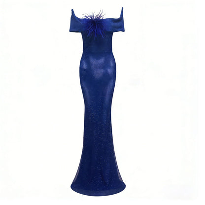 riva feather embellished hollowed sequin bodycon maxi dress in blue