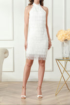 Flowering Girl Women vanessa Halter Sleeveless Tassel Bandage Mini Dress in white