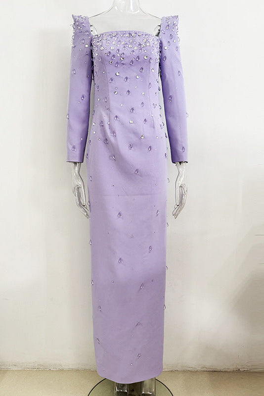 Flowering Girl Women purple square neck long sleeve nail bead diamond maxi dress