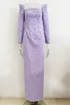 Flowering Girl Women purple square neck long sleeve nail bead diamond maxi dress