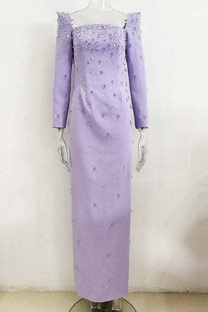purple square neck long sleeve nail bead diamond maxi dress