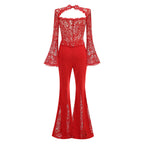 Flowering Girl Women lace-embellished trumpet sleeve jumpsuits in red