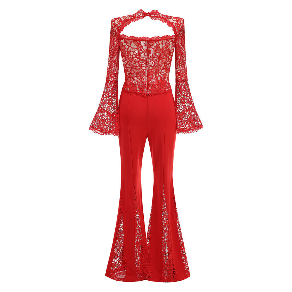 Flowering Girl Women lace-embellished trumpet sleeve jumpsuits in red