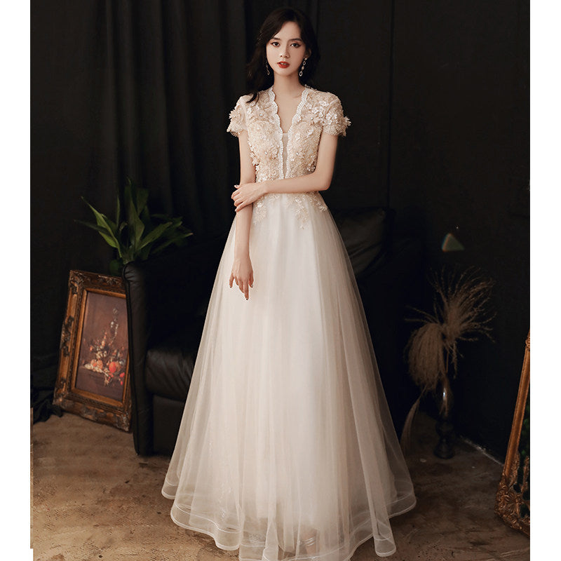 3D Floral Lace Short Sleeve Tulle Floor-Length Evening Gown